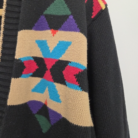 Vintage Elizabeth Liz Claiborne Aztec Western Black Cardigan Sweater L/XL Petite - Picture 3 of 6